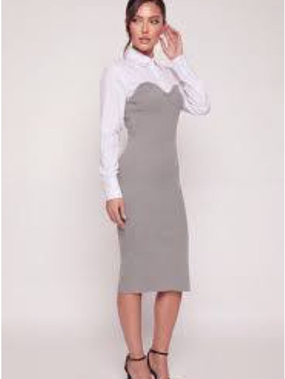 Cider Grey Midi Sheath Dress with White Shirt Detail